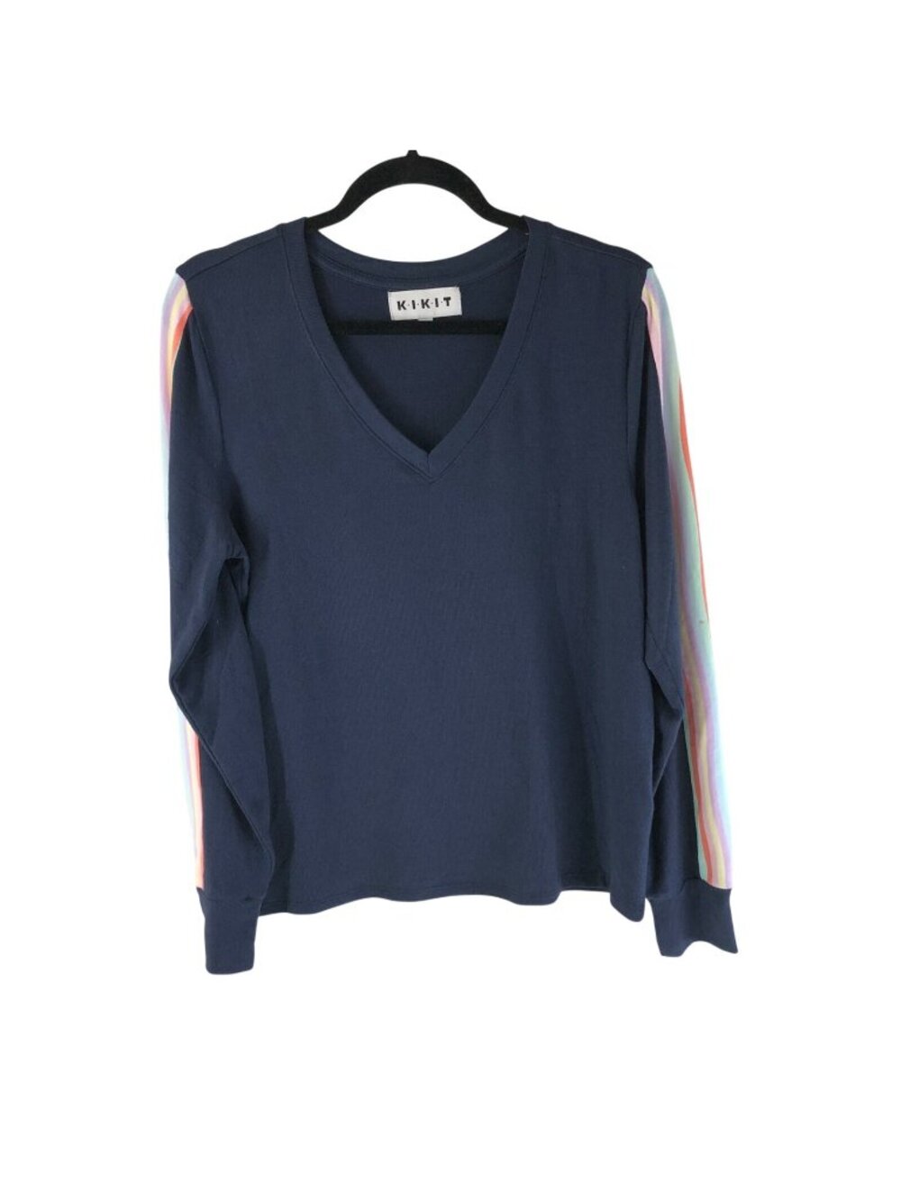 Kikit Womens Top V Neck Knit Stripe Stretch Navy Blue Size M